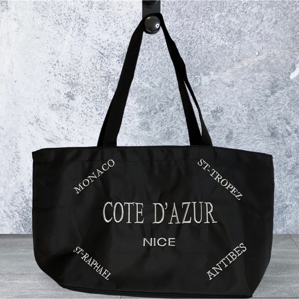 French Riviera Cote D’AZUR Black Nylon Tote Bag lg NEW